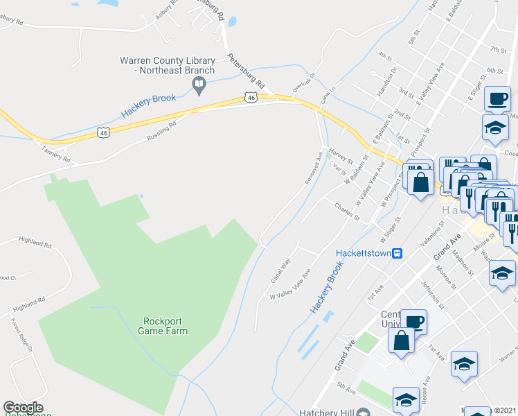 map of restaurants, bars, coffee shops, grocery stores, and more near 30 Roosevelt Avenue in Hackettstown