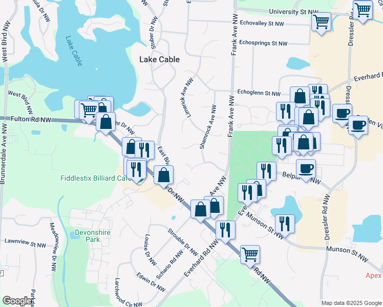 map of restaurants, bars, coffee shops, grocery stores, and more near 5206 Dungannon Circle Northwest in North Canton