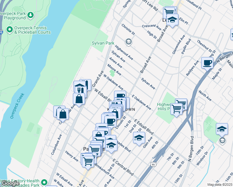 map of restaurants, bars, coffee shops, grocery stores, and more near 527b Orchard Avenue in Palisades Park