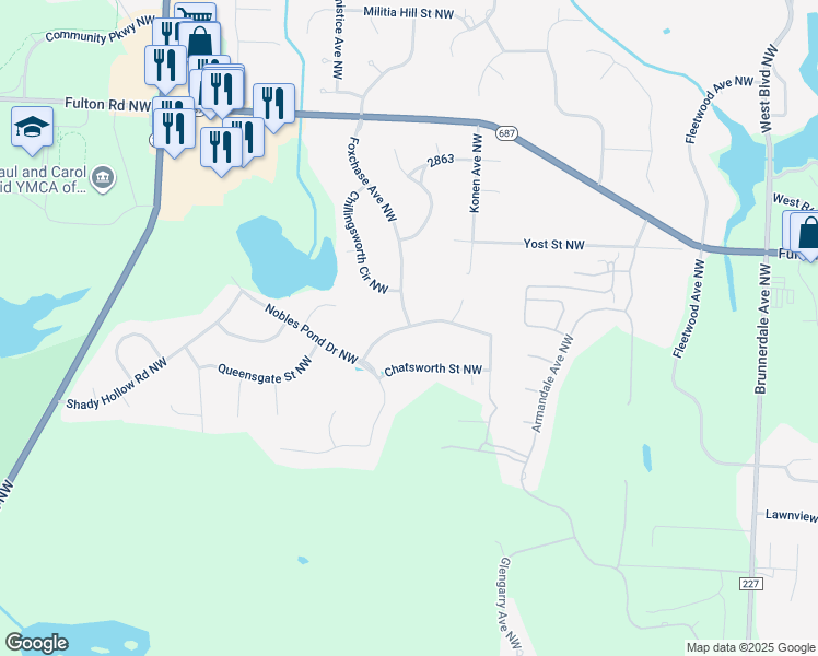 map of restaurants, bars, coffee shops, grocery stores, and more near 6700 Scarborough Road Northwest in Canton