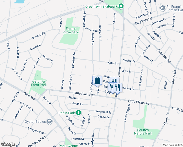 map of restaurants, bars, coffee shops, grocery stores, and more near 41 Derby Avenue in Greenlawn