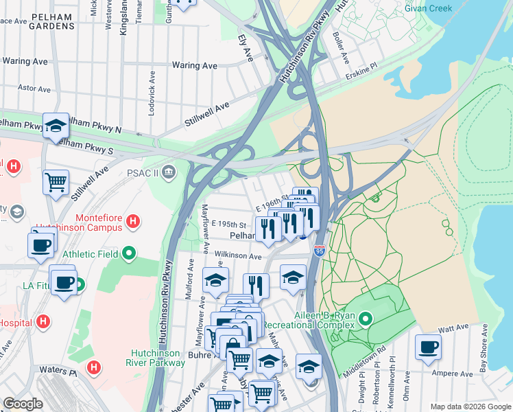 map of restaurants, bars, coffee shops, grocery stores, and more near 2929 East 196th Street in Bronx