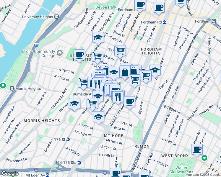 map of restaurants, bars, coffee shops, grocery stores, and more near 2079 Morris Avenue in Bronx