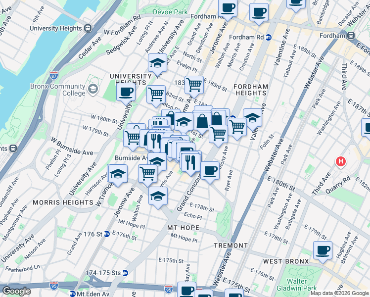 map of restaurants, bars, coffee shops, grocery stores, and more near 2079 Morris Avenue in Bronx