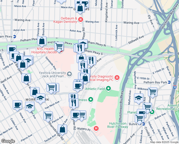 map of restaurants, bars, coffee shops, grocery stores, and more near 1550 Stillwell Avenue in The Bronx