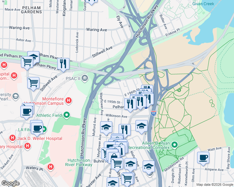 map of restaurants, bars, coffee shops, grocery stores, and more near 2883 East 196th Street in Bronx