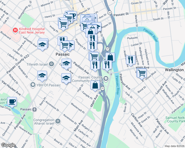 map of restaurants, bars, coffee shops, grocery stores, and more near 80 Paulison Avenue in Passaic