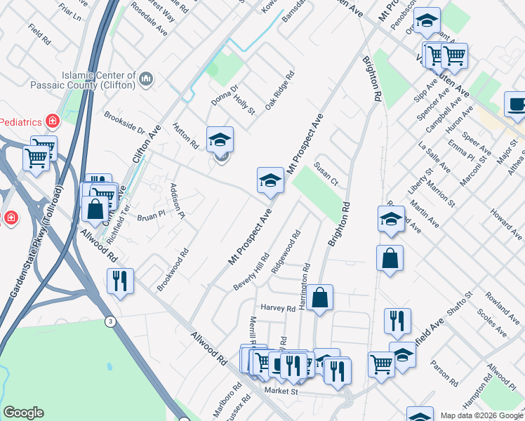 map of restaurants, bars, coffee shops, grocery stores, and more near 424 Mount Prospect Avenue in Clifton
