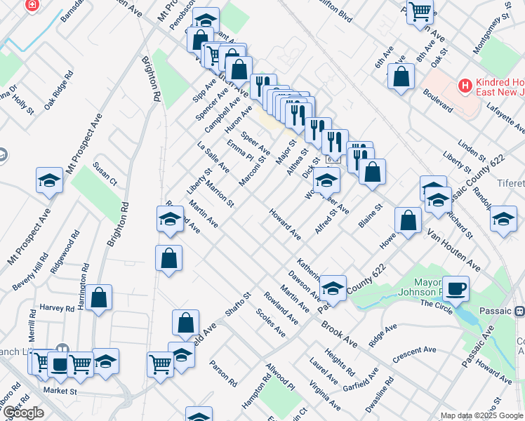 map of restaurants, bars, coffee shops, grocery stores, and more near 95 Howard Avenue in Clifton