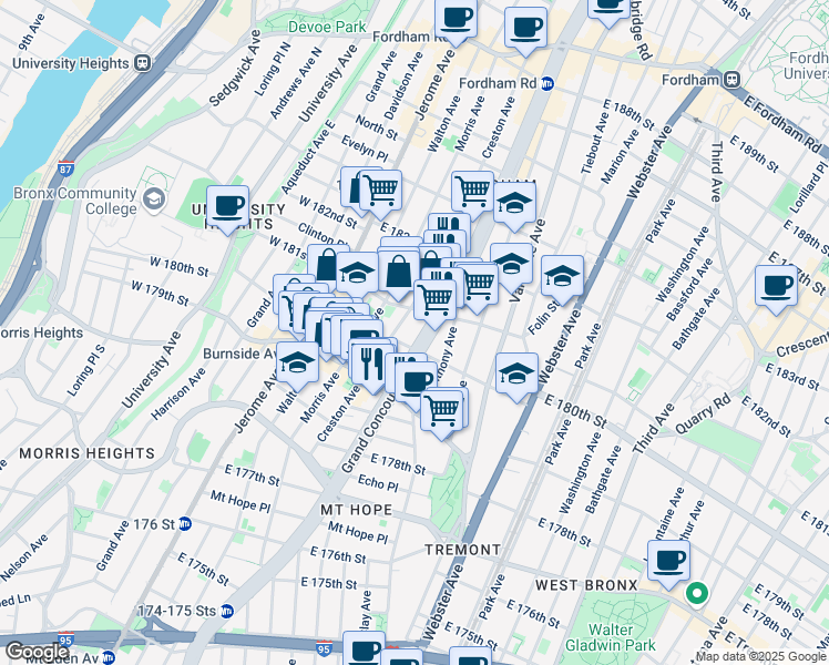 map of restaurants, bars, coffee shops, grocery stores, and more near 2086 Creston Avenue in Bronx