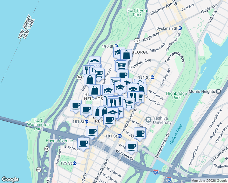 map of restaurants, bars, coffee shops, grocery stores, and more near 114 Bennett Avenue in New York
