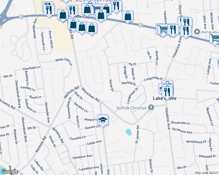 map of restaurants, bars, coffee shops, grocery stores, and more near 36 Southview Circle in Lake Grove
