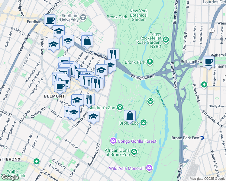 map of restaurants, bars, coffee shops, grocery stores, and more near 2420 Southern Boulevard in The Bronx