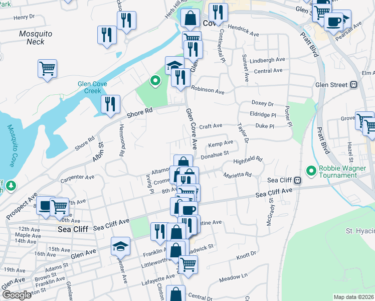 map of restaurants, bars, coffee shops, grocery stores, and more near 1 Kennedy Heights in Glen Cove