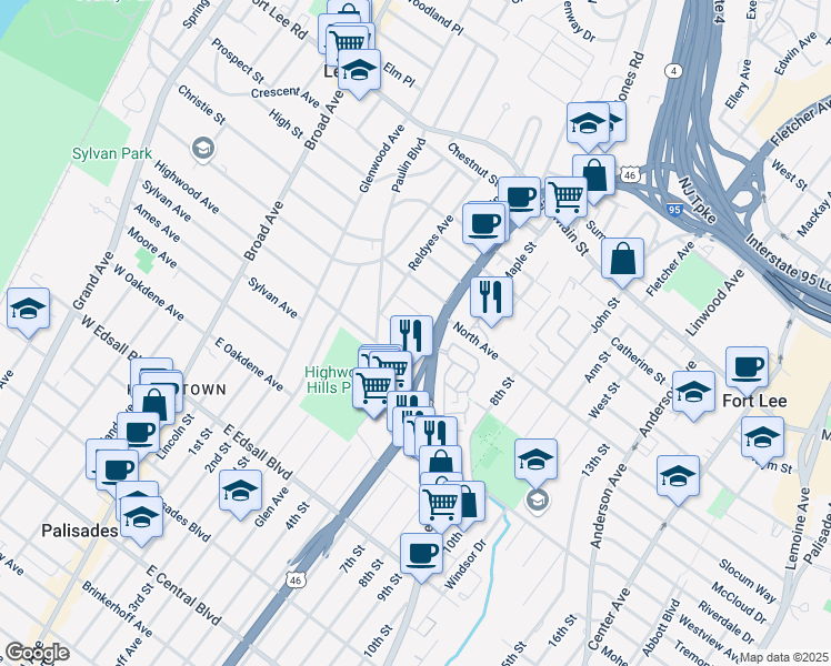 map of restaurants, bars, coffee shops, grocery stores, and more near 408 Charles Place in Leonia