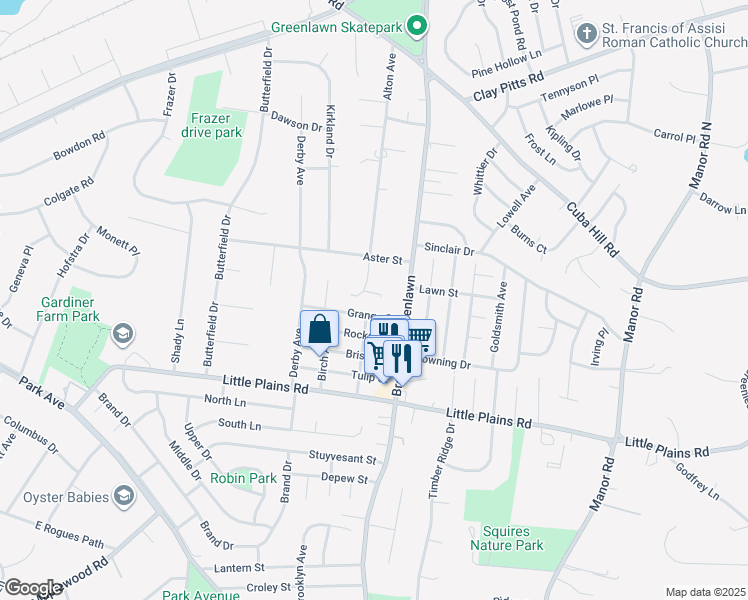 map of restaurants, bars, coffee shops, grocery stores, and more near 9 Preakness Court in Greenlawn