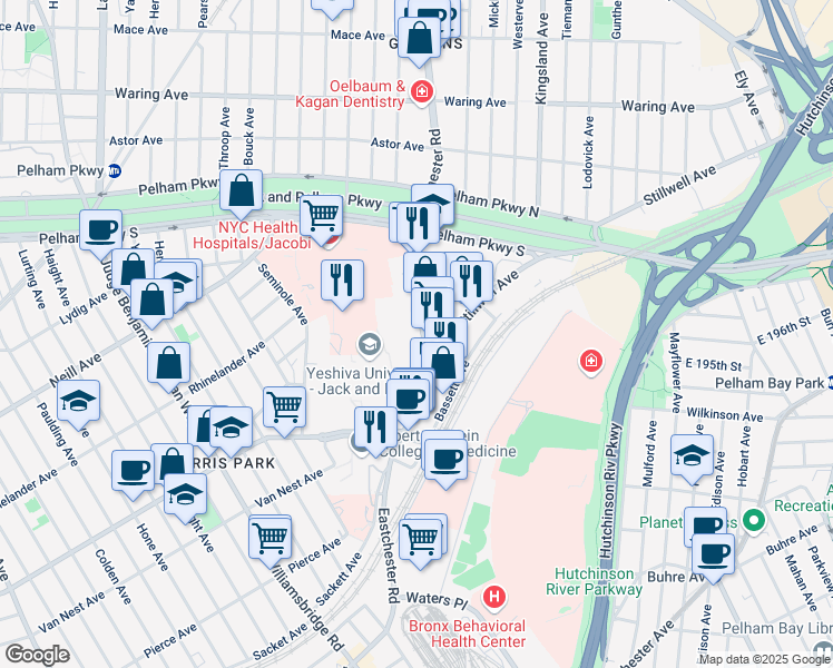 map of restaurants, bars, coffee shops, grocery stores, and more near 2025 Eastchester Road in Bronx