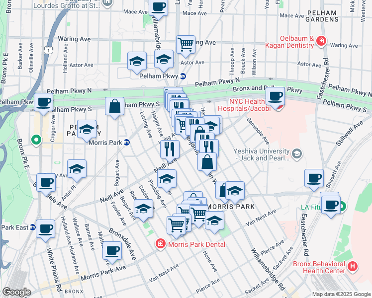 map of restaurants, bars, coffee shops, grocery stores, and more near 2005 Tomlinson Avenue in Bronx