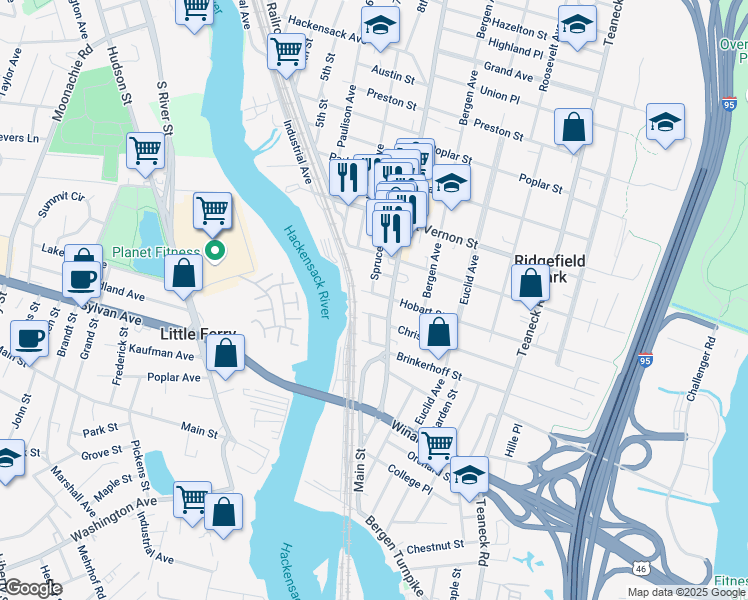 map of restaurants, bars, coffee shops, grocery stores, and more near 15 Hobart Street in Ridgefield Park