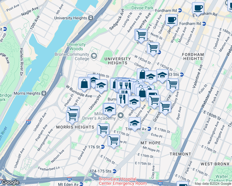 map of restaurants, bars, coffee shops, grocery stores, and more near 25 West Burnside Avenue in The Bronx