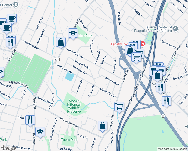 map of restaurants, bars, coffee shops, grocery stores, and more near 38 Rolling Hills Road in Clifton