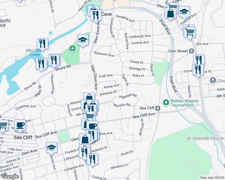 map of restaurants, bars, coffee shops, grocery stores, and more near 11 Donahue Street in Glen Cove