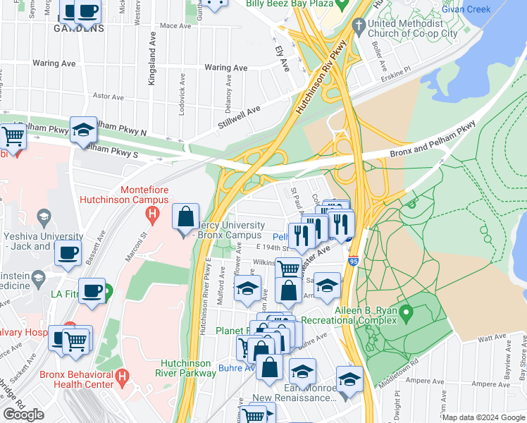 map of restaurants, bars, coffee shops, grocery stores, and more near 2889 East 196th Street in Bronx