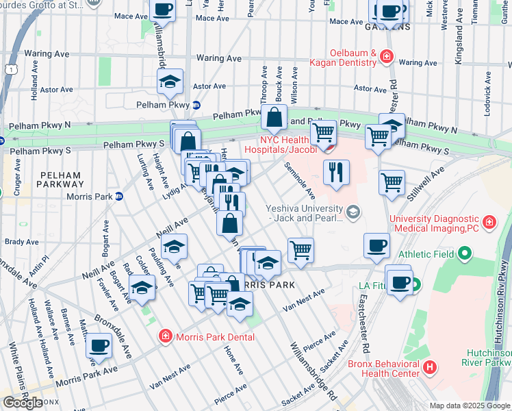 map of restaurants, bars, coffee shops, grocery stores, and more near 1919 Tenbroeck Avenue in Bronx
