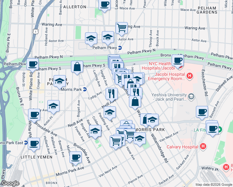 map of restaurants, bars, coffee shops, grocery stores, and more near 2005 Tomlinson Avenue in Bronx