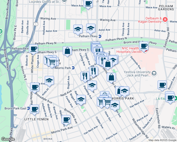 map of restaurants, bars, coffee shops, grocery stores, and more near 2023 Haight Avenue in Bronx