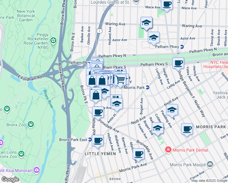map of restaurants, bars, coffee shops, grocery stores, and more near in The Bronx