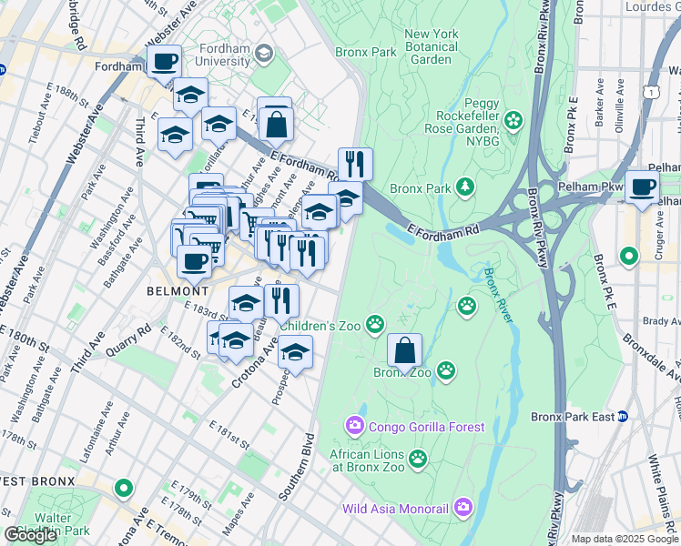 map of restaurants, bars, coffee shops, grocery stores, and more near 2420 Southern Boulevard in Bronx