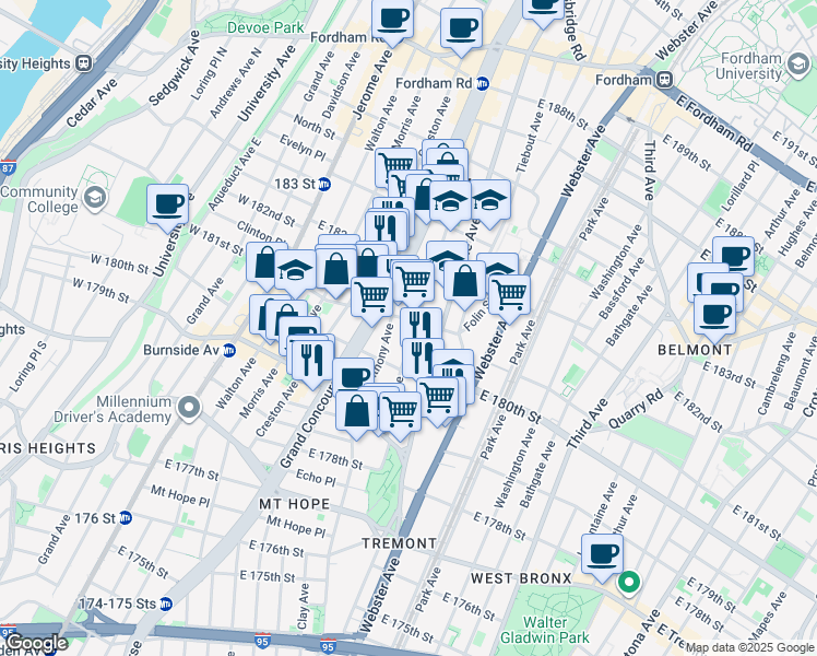 map of restaurants, bars, coffee shops, grocery stores, and more near 2115 Ryer Avenue in Bronx