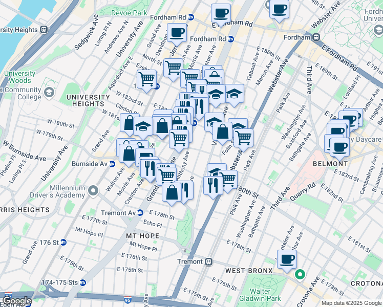 map of restaurants, bars, coffee shops, grocery stores, and more near 2115 Ryer Avenue in Bronx