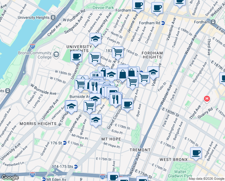 map of restaurants, bars, coffee shops, grocery stores, and more near 2079 Morris Avenue in Bronx