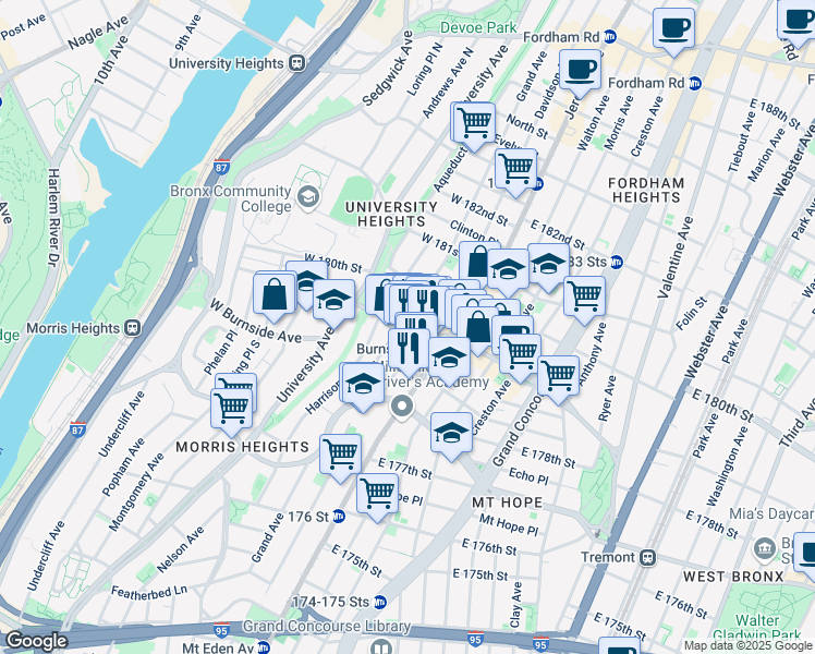 map of restaurants, bars, coffee shops, grocery stores, and more near 49 West Burnside Avenue in The Bronx