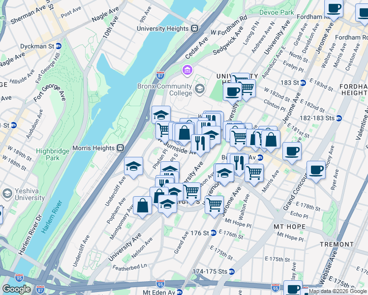 map of restaurants, bars, coffee shops, grocery stores, and more near 1899 Andrews Avenue South in Bronx