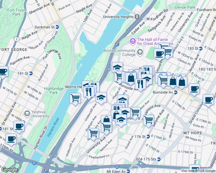 map of restaurants, bars, coffee shops, grocery stores, and more near 1887 Billingsley Terrace in The Bronx