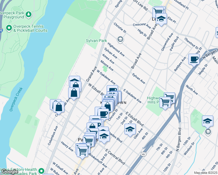 map of restaurants, bars, coffee shops, grocery stores, and more near 527b Orchard Avenue in Palisades Park
