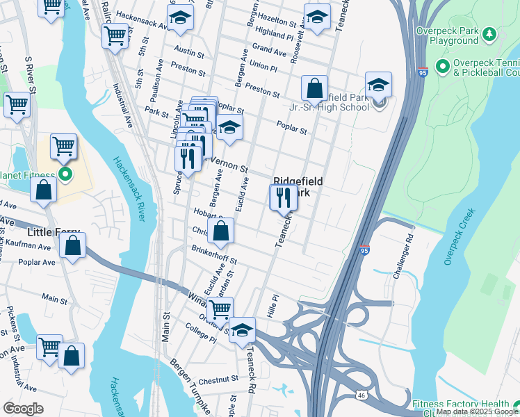 map of restaurants, bars, coffee shops, grocery stores, and more near 133 Euclid Avenue in Ridgefield Park