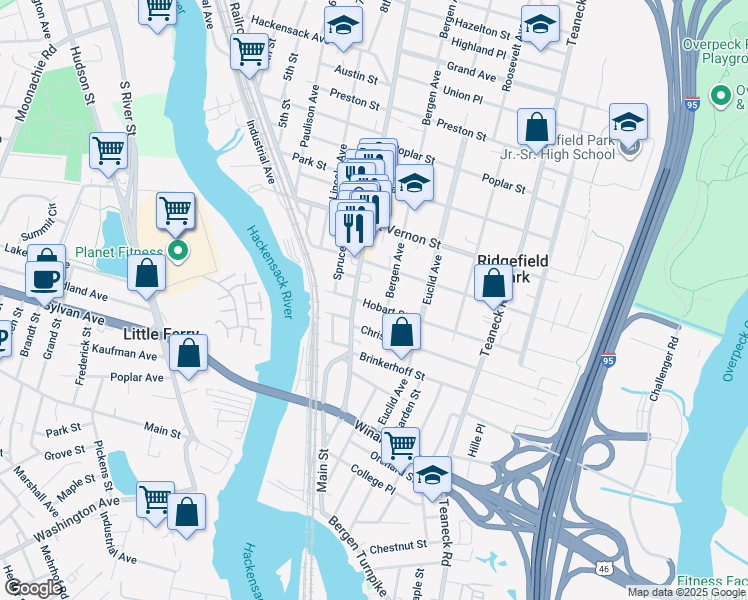 map of restaurants, bars, coffee shops, grocery stores, and more near 44 Hobart Street in Ridgefield Park