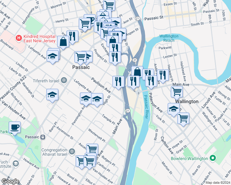 map of restaurants, bars, coffee shops, grocery stores, and more near 80 Paulison Avenue in Passaic