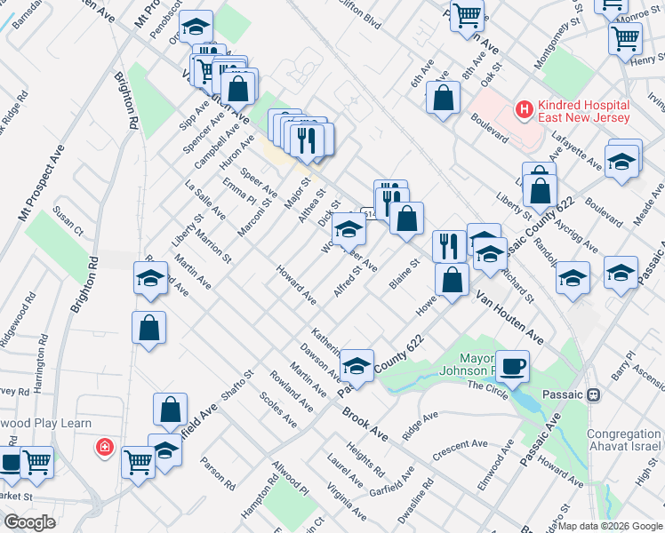 map of restaurants, bars, coffee shops, grocery stores, and more near 72 Wesley Street in Clifton