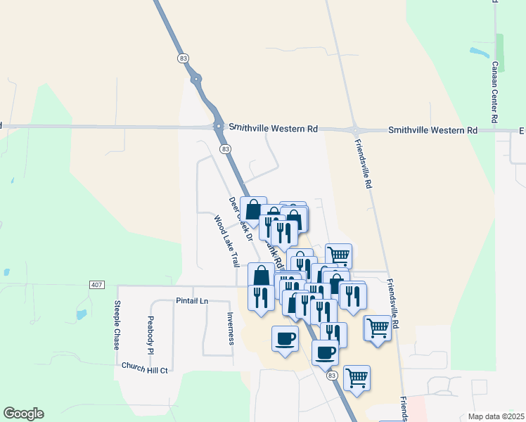 map of restaurants, bars, coffee shops, grocery stores, and more near 4464 Burbank Road in Wooster