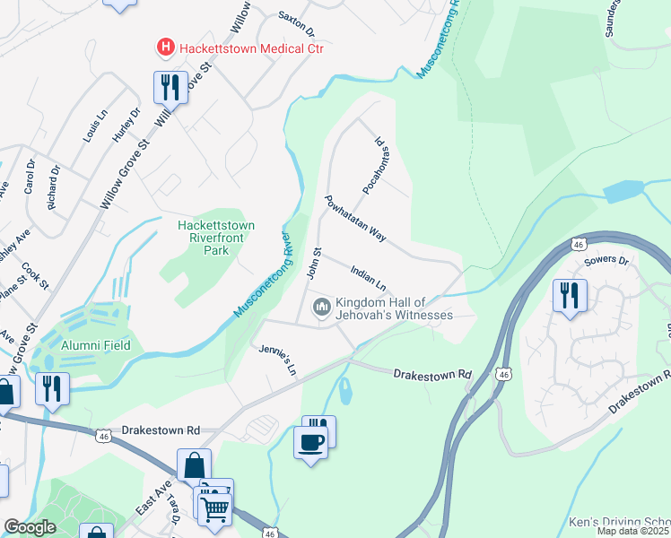 map of restaurants, bars, coffee shops, grocery stores, and more near 21 Indian Lane in Hackettstown