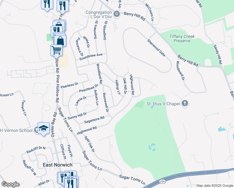 map of restaurants, bars, coffee shops, grocery stores, and more near 14 Hilltop Lane in Oyster Bay