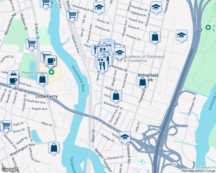 map of restaurants, bars, coffee shops, grocery stores, and more near 44 Hobart Street in Ridgefield Park