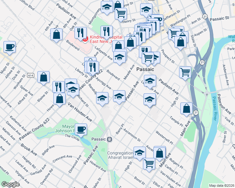 map of restaurants, bars, coffee shops, grocery stores, and more near 291 Aycrigg Avenue in Passaic