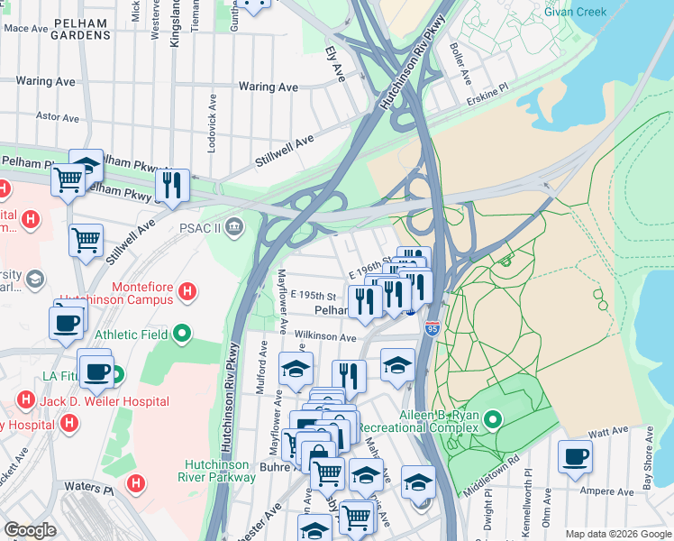 map of restaurants, bars, coffee shops, grocery stores, and more near 2889 East 196th Street in Bronx