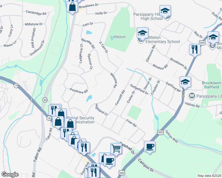 map of restaurants, bars, coffee shops, grocery stores, and more near 38 Moraine Road in Morris Plains